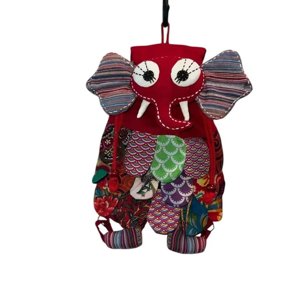 Kids Elephant Backpack Patchwork Boho Drawstring Bag Colorful Novelty Toddler